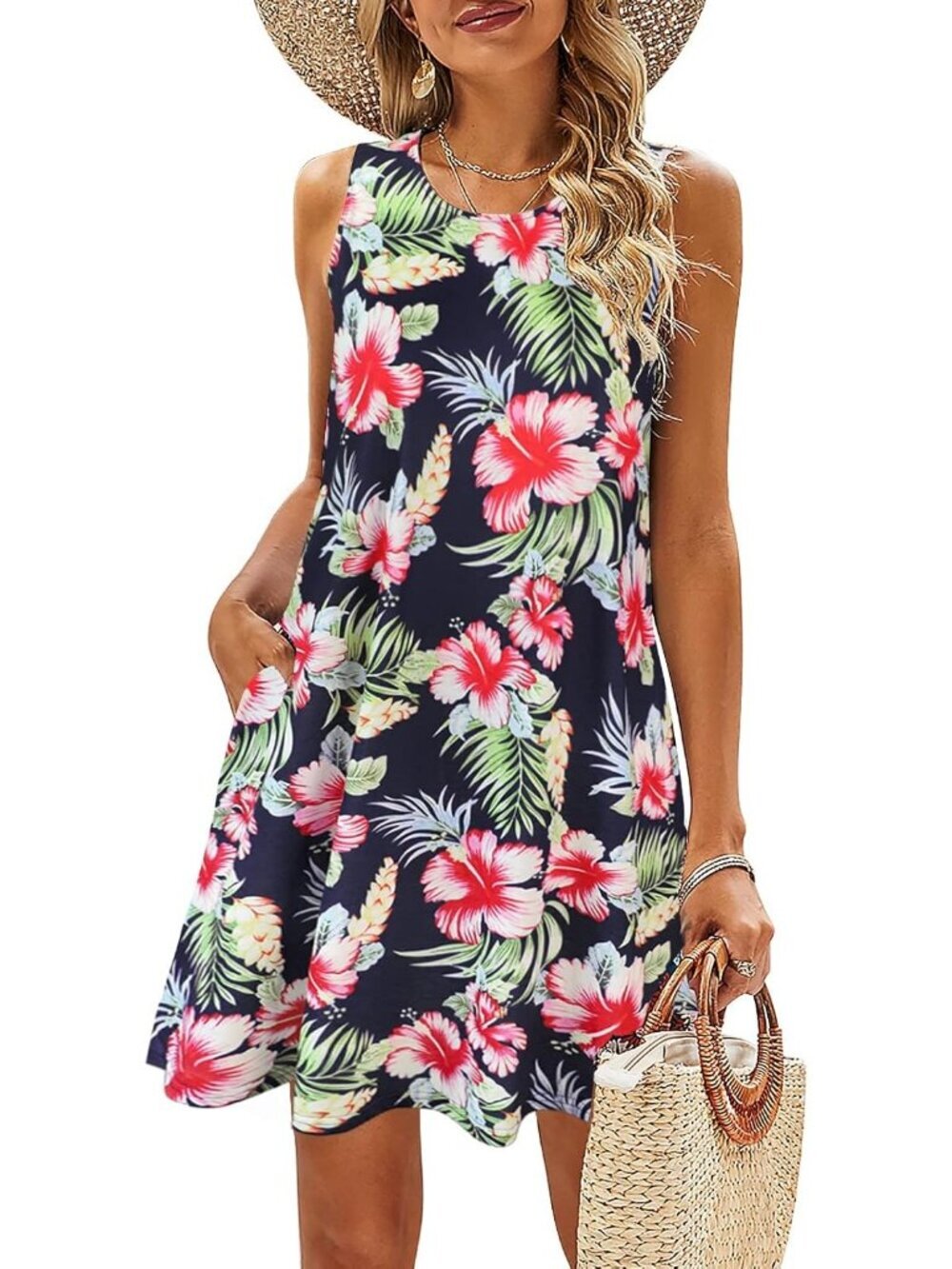 Women's Topical Rose Stylish T-shirt Sundress Casual Pockets Boho Tank Dress